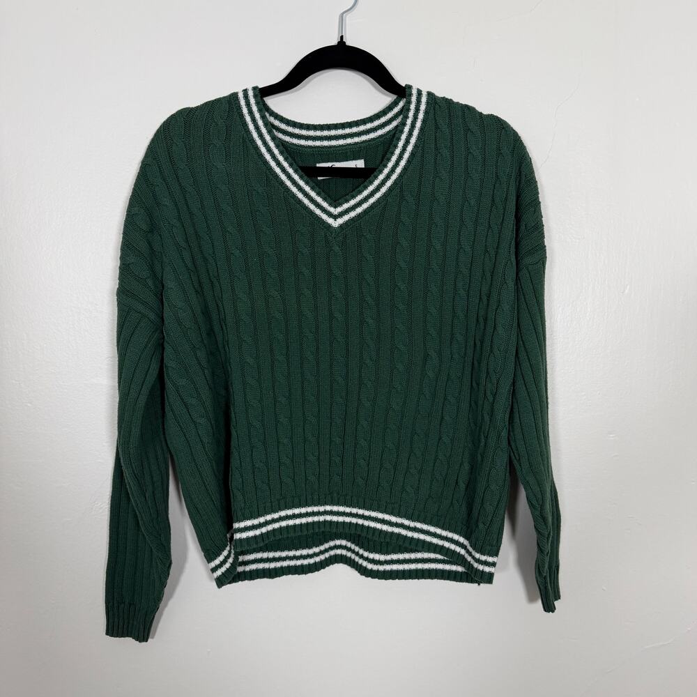 Hollister Women's Green Cable Knit V-Neck Varsity Sweater Size S